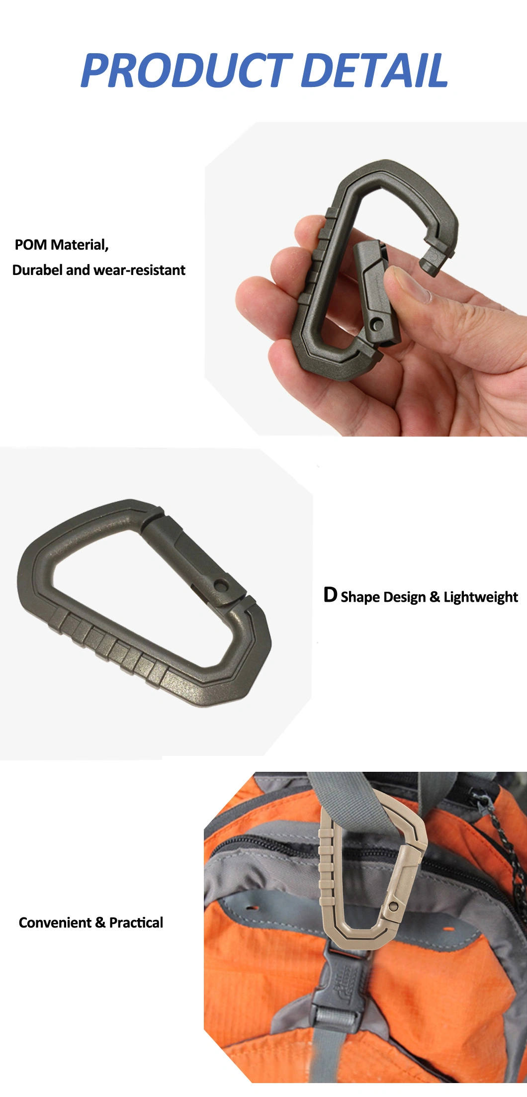 Outdoor Mountaineering Buckle Light Medium Molle Tactical Backpack EDC Plastic D-Ring Hiking Bag External Key Carabiner Hanging Hook Clips