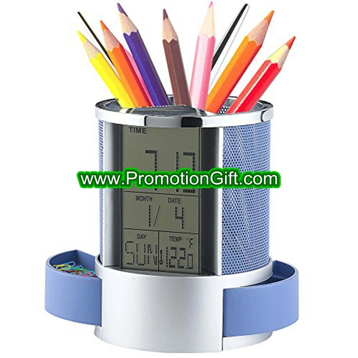 Custom Plastic LCD Temperature Clock Pen Holder