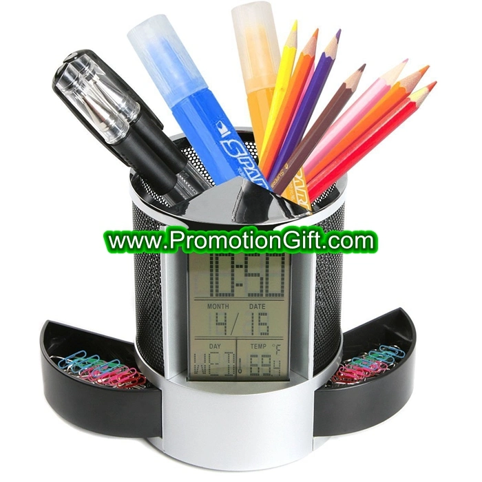 Custom Plastic LCD Temperature Clock Pen Holder