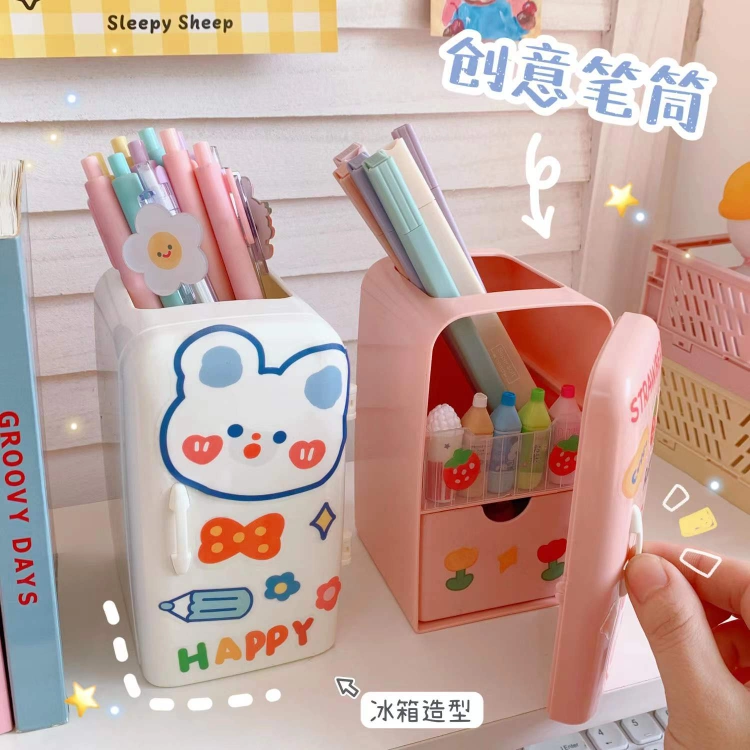 Wholesale Refrigerator Shaped Cute Cartoon Plastic Kawaii Pen Holder with Stickers for Kids Students