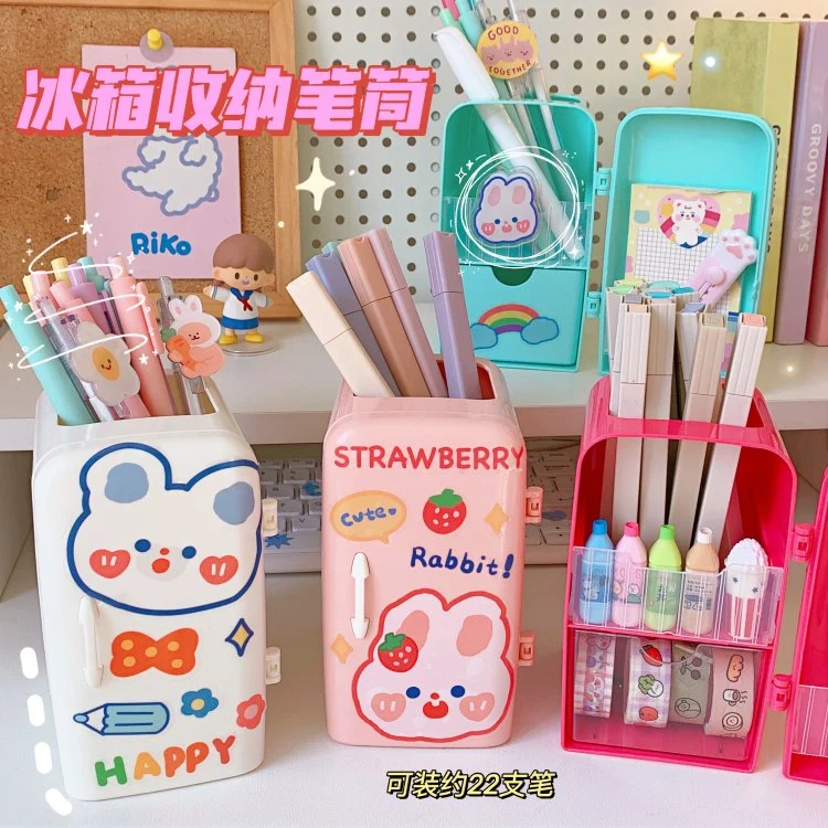 Wholesale Refrigerator Shaped Cute Cartoon Plastic Kawaii Pen Holder with Stickers for Kids Students